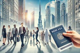 Business professionals in Dubai city skyline with hand holding Dubai work visa passport, symbolizing opportunities for foreign workers and expats.
