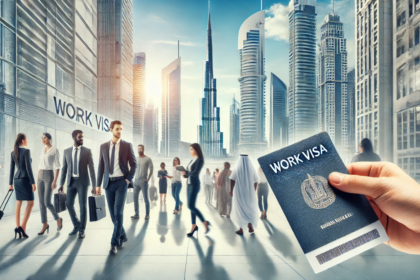 Business professionals in Dubai city skyline with hand holding Dubai work visa passport, symbolizing opportunities for foreign workers and expats.