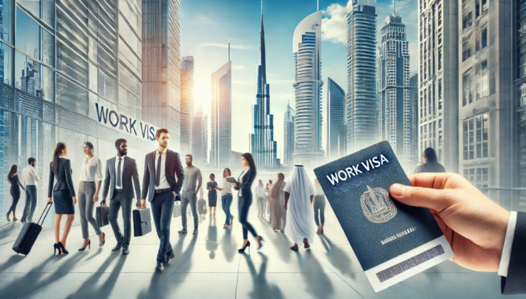 Business professionals in Dubai city skyline with hand holding Dubai work visa passport, symbolizing opportunities for foreign workers and expats.