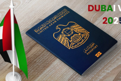 Dubai passport placed beside the national flag of the UAE(Dubai) on a wooden surface with the text DUBAI VISA 2025 in bold, designed as a banner for the blog Don’t Apply for a Dubai Visa Until You’ve Read This 2025 Edition