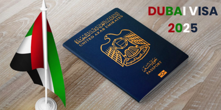 Dubai passport placed beside the national flag of the UAE(Dubai) on a wooden surface with the text DUBAI VISA 2025 in bold, designed as a banner for the blog Don’t Apply for a Dubai Visa Until You’ve Read This 2025 Edition