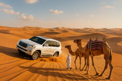 A thrilling desert adventure in Dubai showing a white 4x4 SUV driving over golden sand dunes while a local guide leads two camels, capturing the essence of adventure in Dubai with desert safaris, camel rides, and off-road experiences under the vast blue sky.