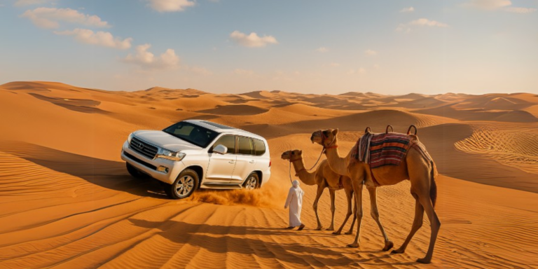 A thrilling desert adventure in Dubai showing a white 4x4 SUV driving over golden sand dunes while a local guide leads two camels, capturing the essence of adventure in Dubai with desert safaris, camel rides, and off-road experiences under the vast blue sky.