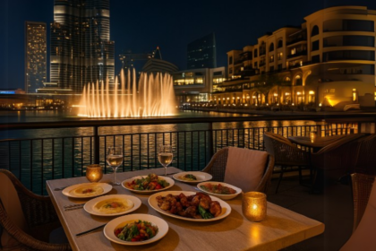 A beautifully set dinner table at a chic outdoor cafe overlooking the Dubai Fountain at night, with plates of gourmet dishes, wine glasses, and candlelight — a perfect example of the trending cafe's in Dubai that combine fine dining, iconic views, and luxury ambiance.