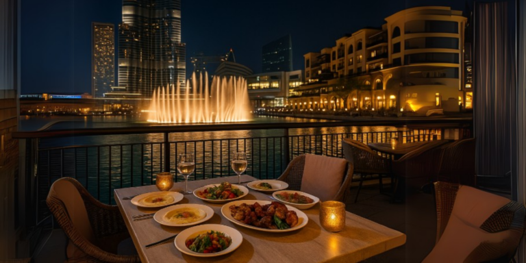 A beautifully set dinner table at a chic outdoor cafe overlooking the Dubai Fountain at night, with plates of gourmet dishes, wine glasses, and candlelight — a perfect example of the trending cafe's in Dubai that combine fine dining, iconic views, and luxury ambiance.
