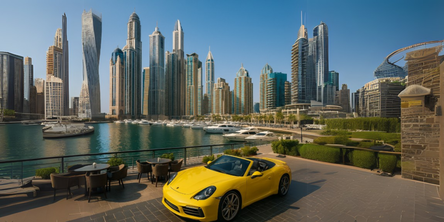 Dubai Marina skyline with gleaming skyscrapers, luxury yachts docked at the waterfront, and a vibrant yellow sports car parked on a sunlit terrace — an iconic representation of luxury travel in Dubai, where visitors can experience opulent car rentals, yacht cruises, upscale dining, and world-class urban scenery.
