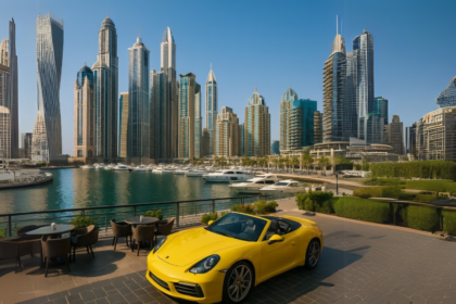 Dubai Marina skyline with gleaming skyscrapers, luxury yachts docked at the waterfront, and a vibrant yellow sports car parked on a sunlit terrace — an iconic representation of luxury travel in Dubai, where visitors can experience opulent car rentals, yacht cruises, upscale dining, and world-class urban scenery.