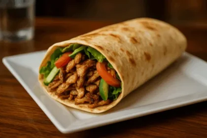 Grilled chicken shawarma wrap with fresh vegetables on a white plate, showcasing one of the best food to try in Dubai.