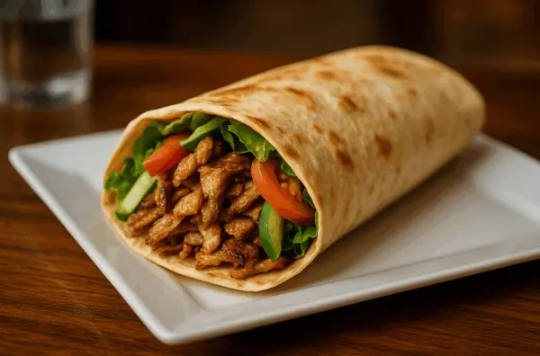 Grilled chicken shawarma wrap with fresh vegetables on a white plate, showcasing one of the best food to try in Dubai.