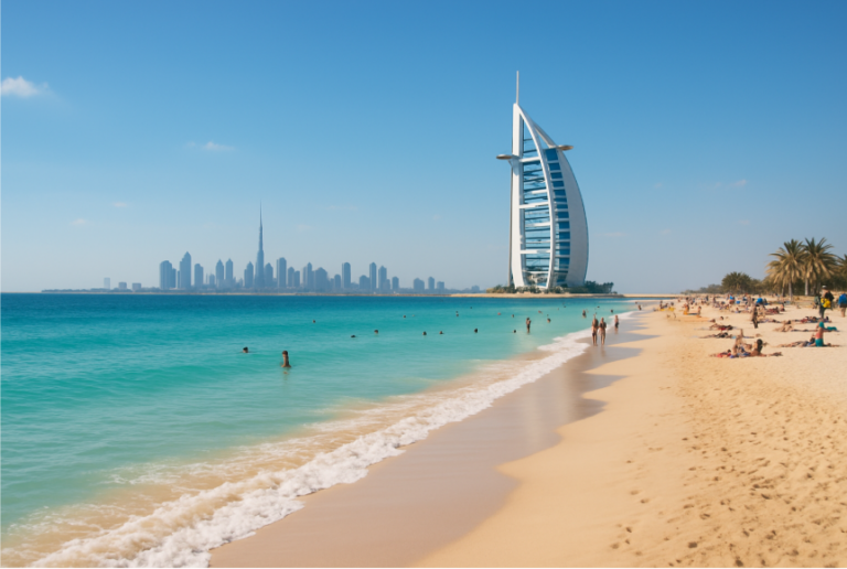 Scenic view of Dubai's best beach with turquoise waters, people relaxing, and the iconic Burj Al Arab with Dubai skyline in the background.
