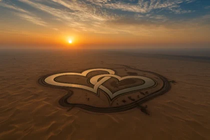 Aerial view of the iconic Love Lake in Dubai's Al Qudra desert at sunrise, featuring two interlinked heart-shaped lakes surrounded by golden sand dunes and a warm, misty horizon, representing one of the most romantic and luxurious Dubai experiences in nature.