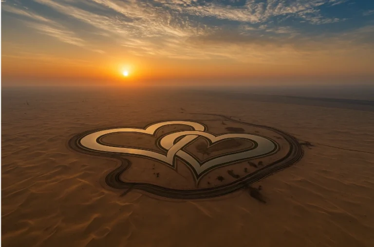 Aerial view of the iconic Love Lake in Dubai's Al Qudra desert at sunrise, featuring two interlinked heart-shaped lakes surrounded by golden sand dunes and a warm, misty horizon, representing one of the most romantic and luxurious Dubai experiences in nature.