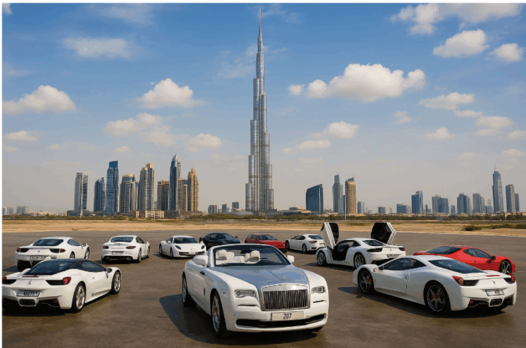 A fleet of high-end luxury sports cars, including Rolls-Royce, Ferrari, and Lamborghini, parked on an open tarmac with the iconic Burj Khalifa and Dubai’s modern skyline in the background under a partly cloudy sky, representing premium lifestyle and exclusive Dubai experiences.
