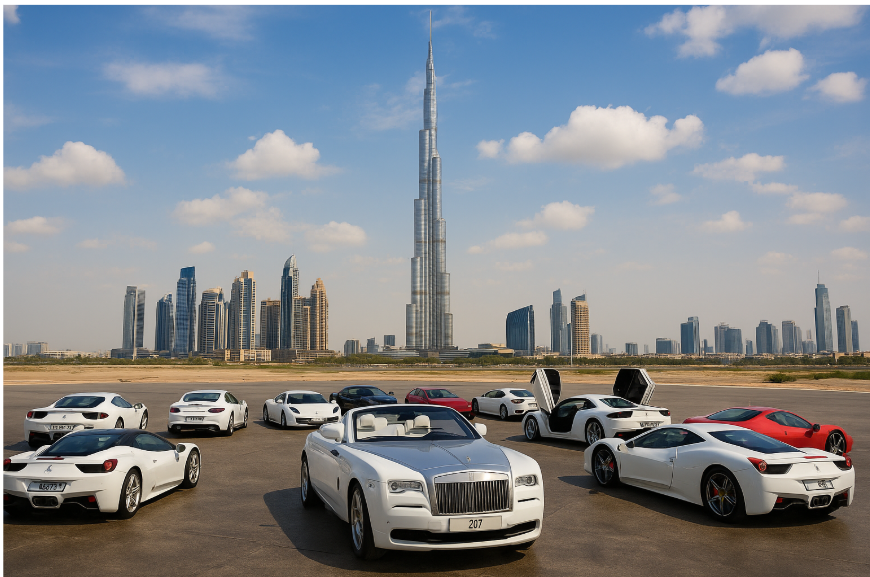 A fleet of high-end luxury sports cars, including Rolls-Royce, Ferrari, and Lamborghini, parked on an open tarmac with the iconic Burj Khalifa and Dubai’s modern skyline in the background under a partly cloudy sky, representing premium lifestyle and exclusive Dubai experiences.