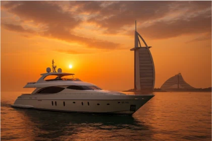 A luxurious private yacht cruising through the Arabian Gulf at sunset, with the iconic Burj Al Arab and Jumeirah Beach Hotel in the background, symbolizing exclusive VIP experiences in Dubai’s world-class luxury scene.