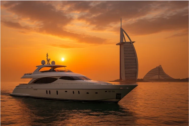 A luxurious private yacht cruising through the Arabian Gulf at sunset, with the iconic Burj Al Arab and Jumeirah Beach Hotel in the background, symbolizing exclusive VIP experiences in Dubai’s world-class luxury scene.