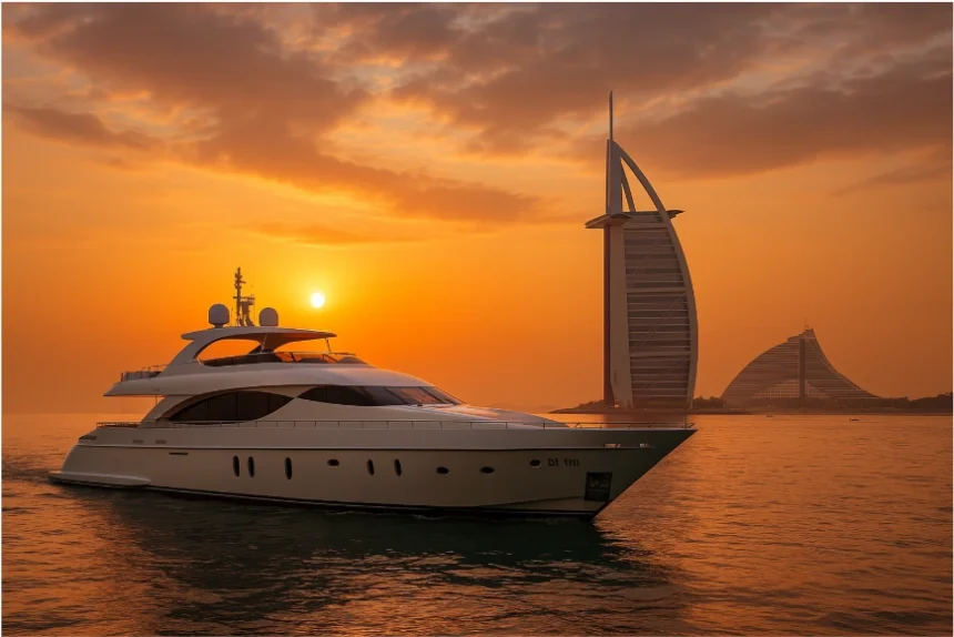 A luxurious private yacht cruising through the Arabian Gulf at sunset, with the iconic Burj Al Arab and Jumeirah Beach Hotel in the background, symbolizing exclusive VIP experiences in Dubai’s world-class luxury scene.