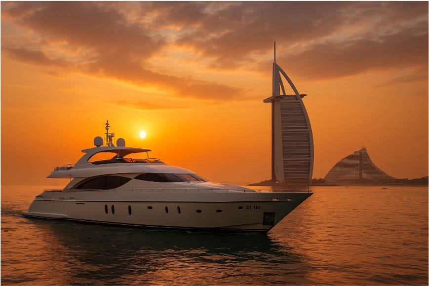 A luxurious private yacht cruising through the Arabian Gulf at sunset, with the iconic Burj Al Arab and Jumeirah Beach Hotel in the background, symbolizing exclusive VIP experiences in Dubai’s world-class luxury scene.