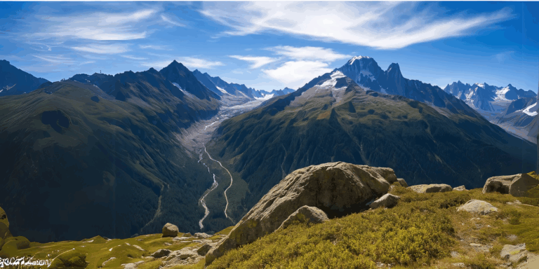Scenic mountain valley with lush green slopes, a winding trail, and snow-capped peaks under a clear blue sky, symbolizing nature exploration and experiences similar to Dubai hiking adventures in mountainous desert surroundings.