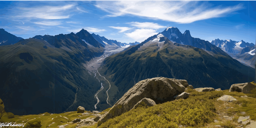 Scenic mountain valley with lush green slopes, a winding trail, and snow-capped peaks under a clear blue sky, symbolizing nature exploration and experiences similar to Dubai hiking adventures in mountainous desert surroundings.