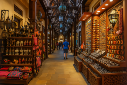 Traditional Dubai souk with tourists exploring shops during Dubai Shopping Festival 2025, offering authentic handicrafts, jewelry, and souvenirs.