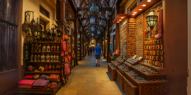 Traditional Dubai souk with tourists exploring shops during Dubai Shopping Festival 2025, offering authentic handicrafts, jewelry, and souvenirs.