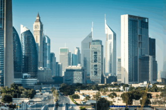 Daytime view of Dubai’s central business district featuring modern skyscrapers, including Emirates Towers and nearby high-rise architecture, with minimal traffic and clear skies—ideal conditions for off-season travel in Dubai.