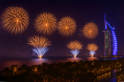 Night fireworks display over Burj Al Arab during Dubai events, showing the city's vibrant celebrations and festivals.