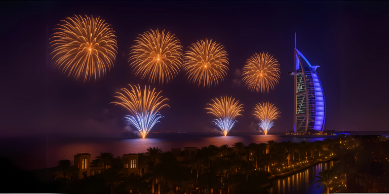 Night fireworks display over Burj Al Arab during Dubai events, showing the city's vibrant celebrations and festivals.
