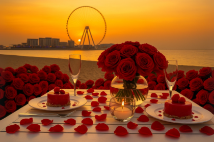 Romantic sunset beach dinner with roses, desserts, and champagne, showcasing one of the best Dubai couple activities for a memorable evening.