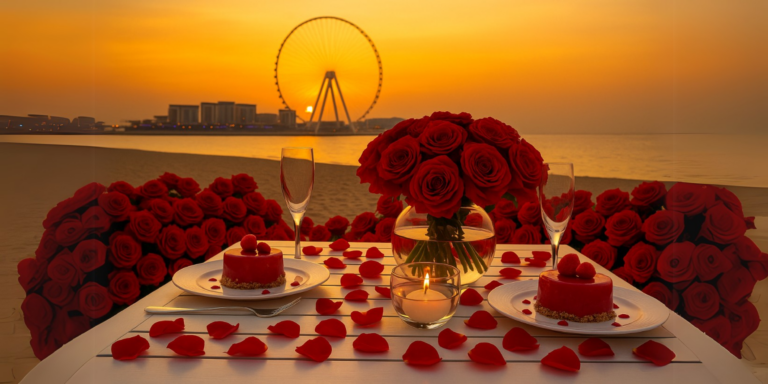 Romantic sunset beach dinner with roses, desserts, and champagne, showcasing one of the best Dubai couple activities for a memorable evening.