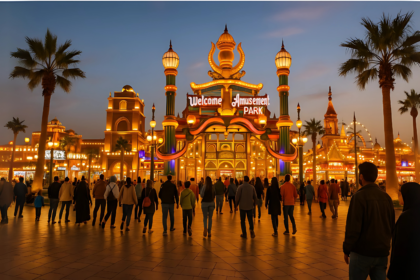 Crowds entering an illuminated amusement park during Dubai Shopping Festival 2025, showing the vibrant night entertainment and festive shopping atmosphere.