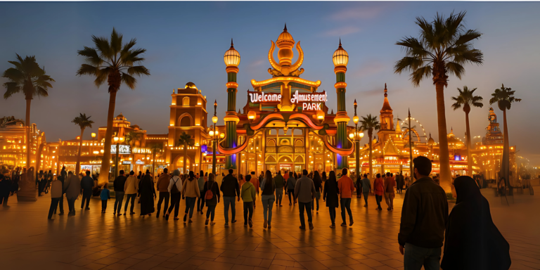 Crowds entering an illuminated amusement park during Dubai Shopping Festival 2025, showing the vibrant night entertainment and festive shopping atmosphere.