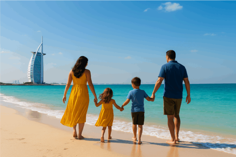 A happy family with two children walking barefoot along a pristine beach in Dubai, with the iconic Burj Al Arab hotel in the background, under a clear blue sky. The parents and children are enjoying a sunny day by the sea, symbolizing family-friendly travel experiences in Dubai with children.