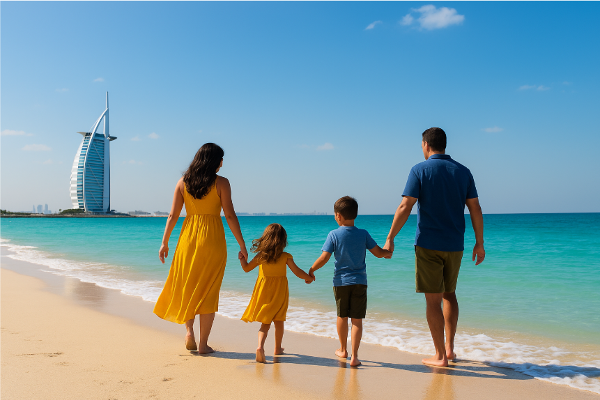 A happy family with two children walking barefoot along a pristine beach in Dubai, with the iconic Burj Al Arab hotel in the background, under a clear blue sky. The parents and children are enjoying a sunny day by the sea, symbolizing family-friendly travel experiences in Dubai with children.